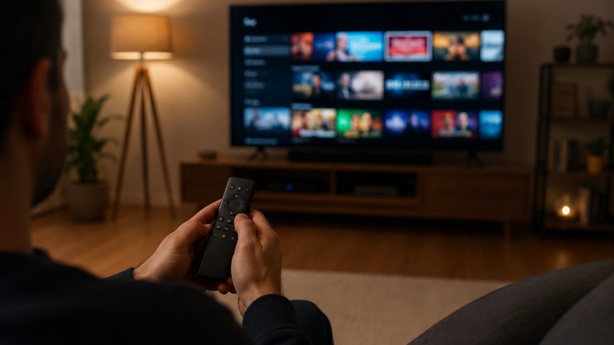 Person holding a streaming remote in front of a television showing a live channel guide