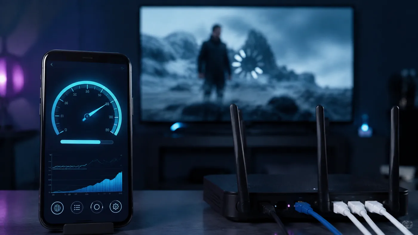 Fast speed test beside a router while a television buffers in the background