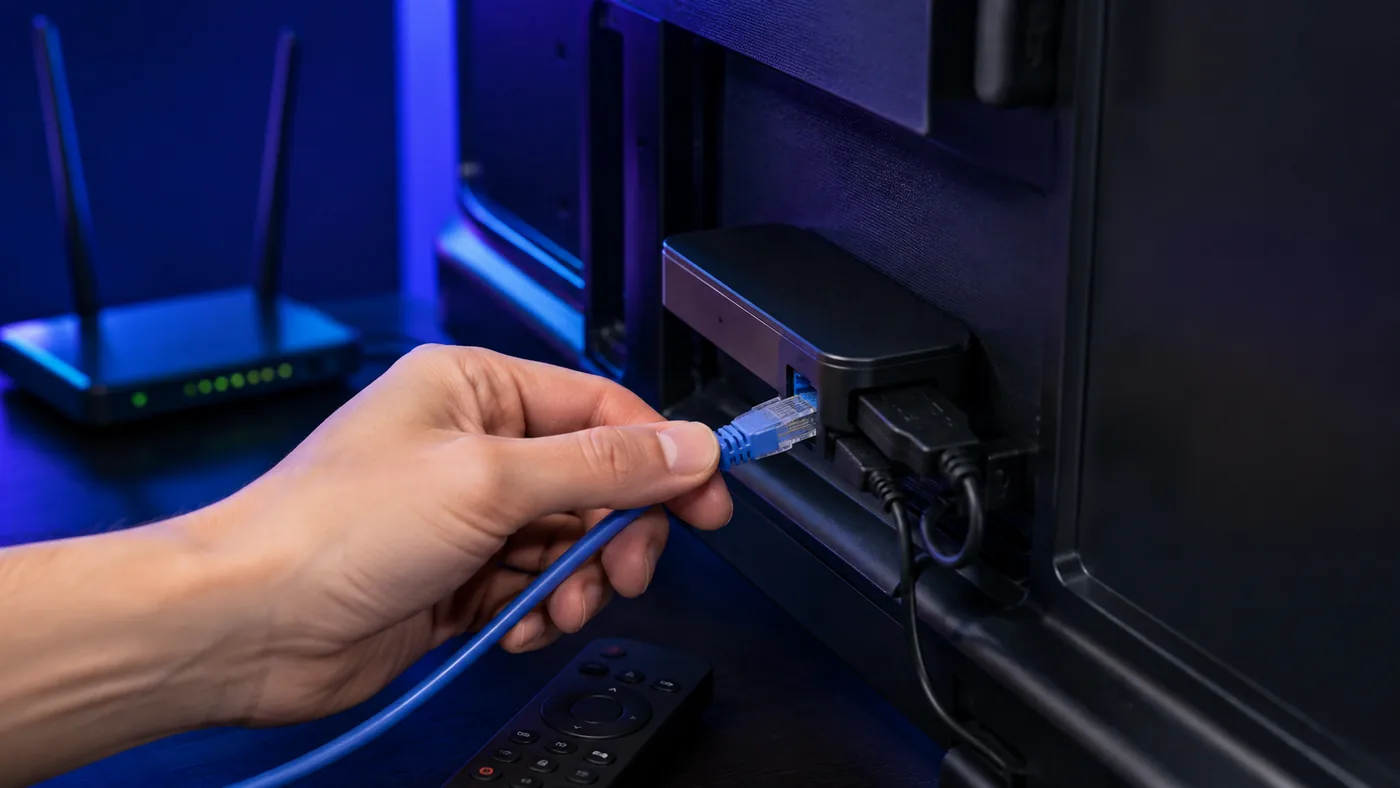 Ethernet cable being connected to a television streaming device to stop IPTV buffering