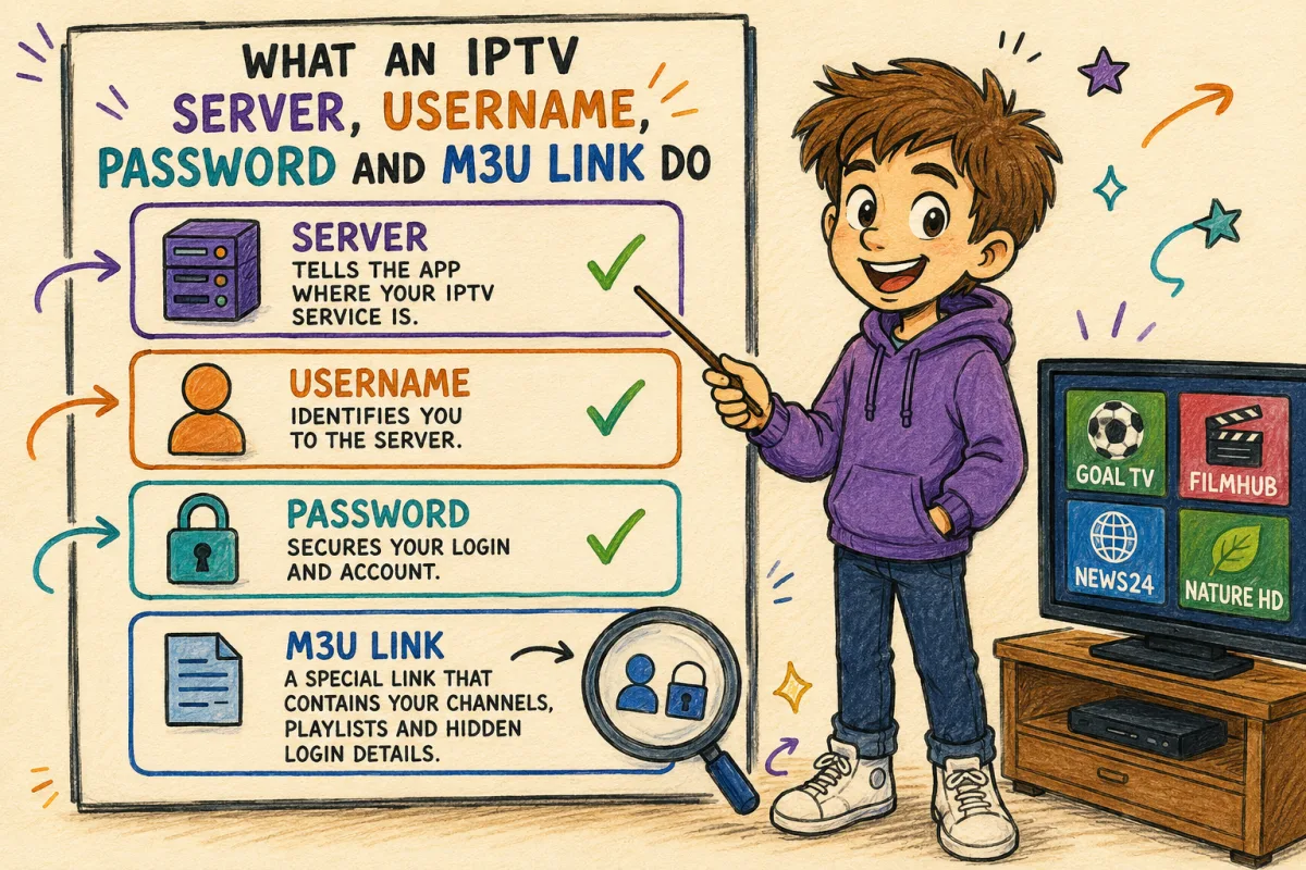 What an IPTV server address, username, password and M3U link each do