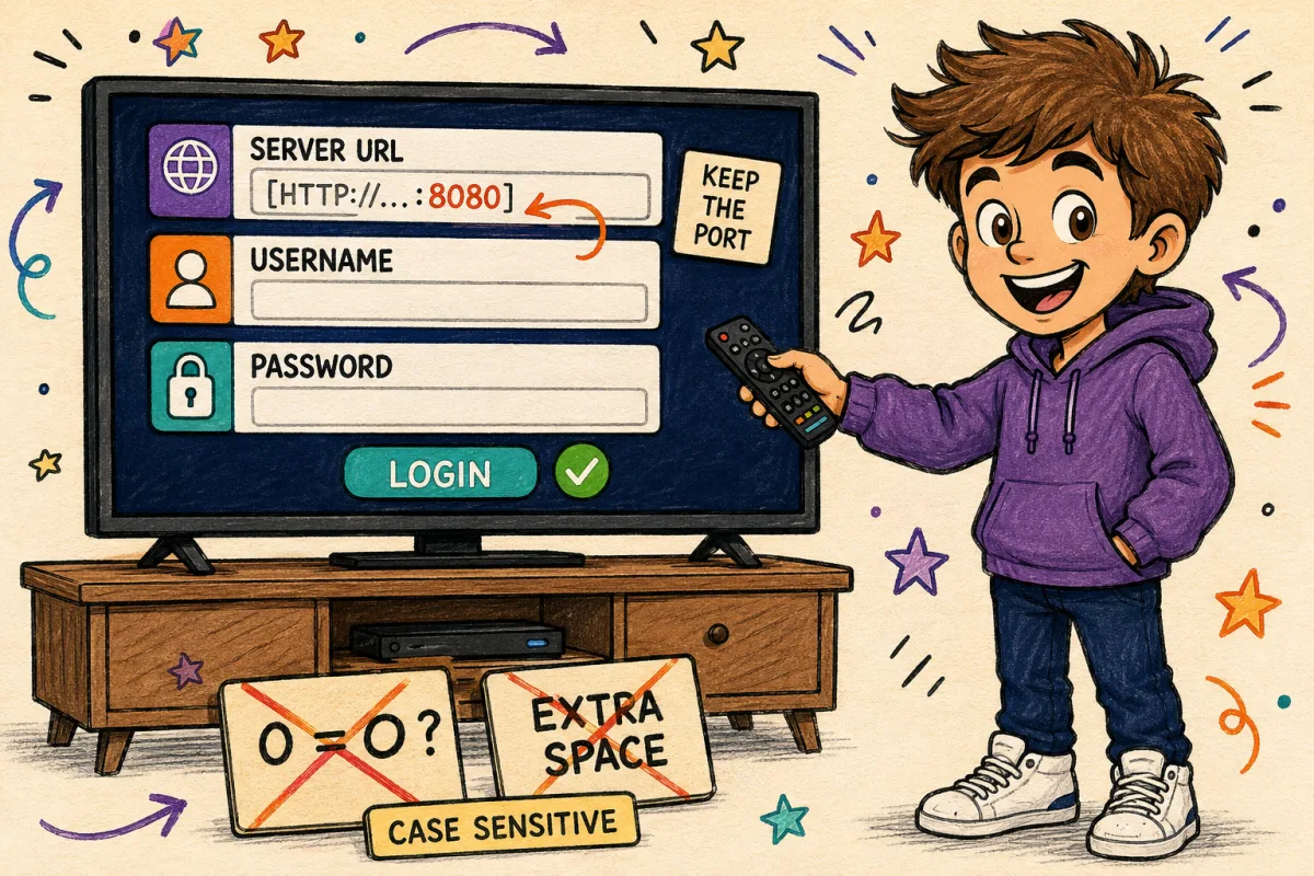 Entering IPTV login details correctly on a TV app, keeping the port number and watching for case-sensitive characters