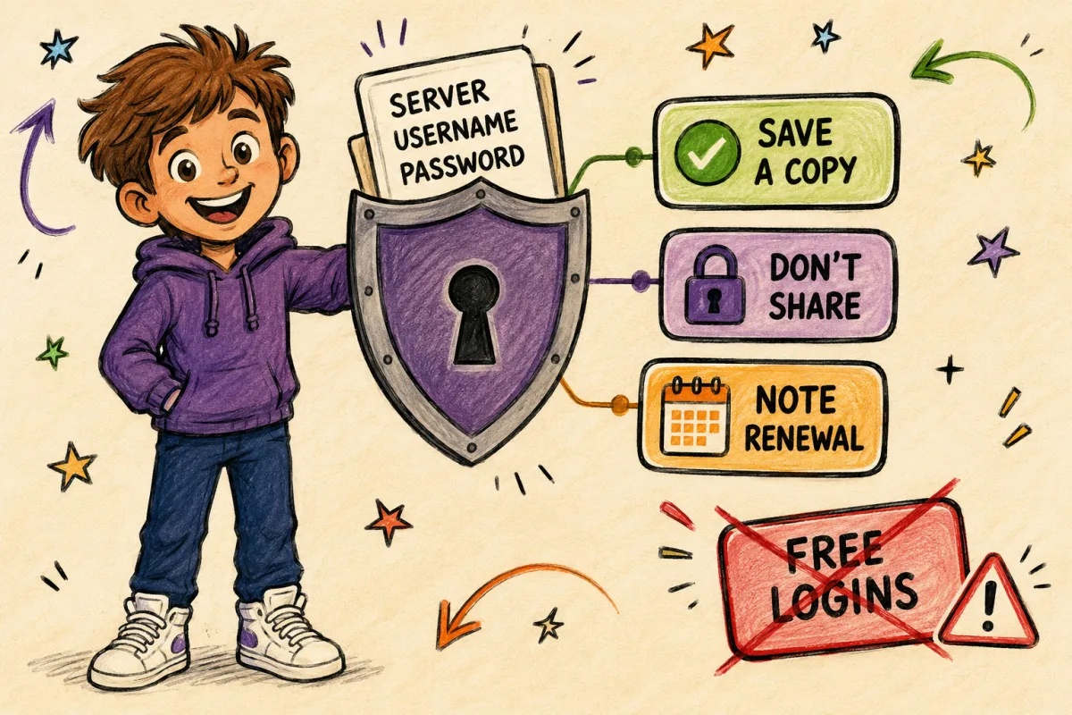 Keeping your IPTV username and password safe: save a copy, never share, note the renewal date, avoid free logins