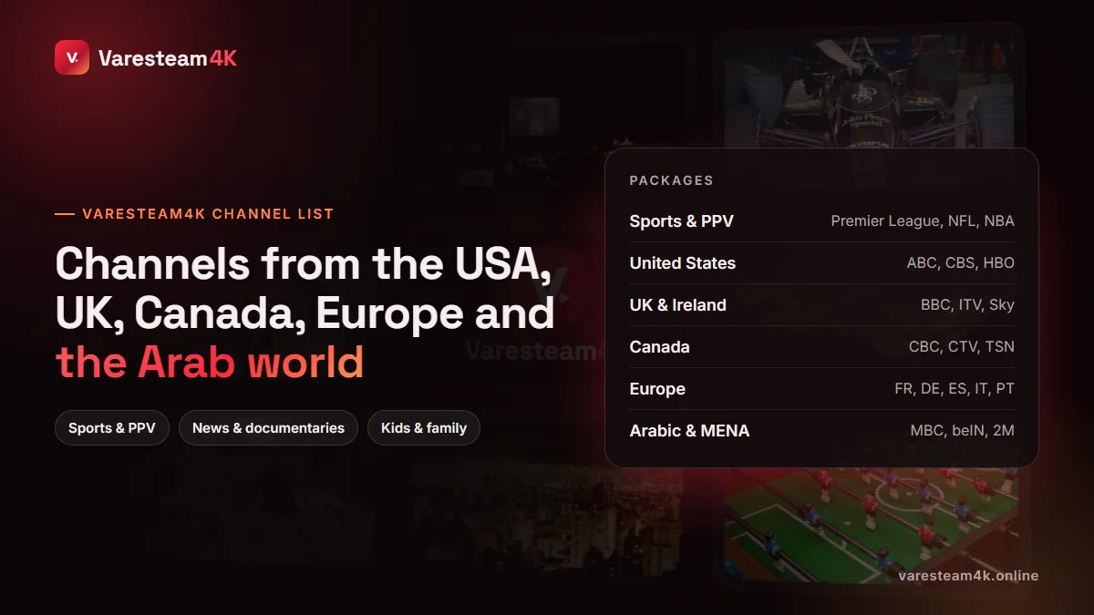 Varesteam4K IPTV channel list by country: sports and PPV, USA, UK and Ireland, Canada, Europe, Arabic and MENA