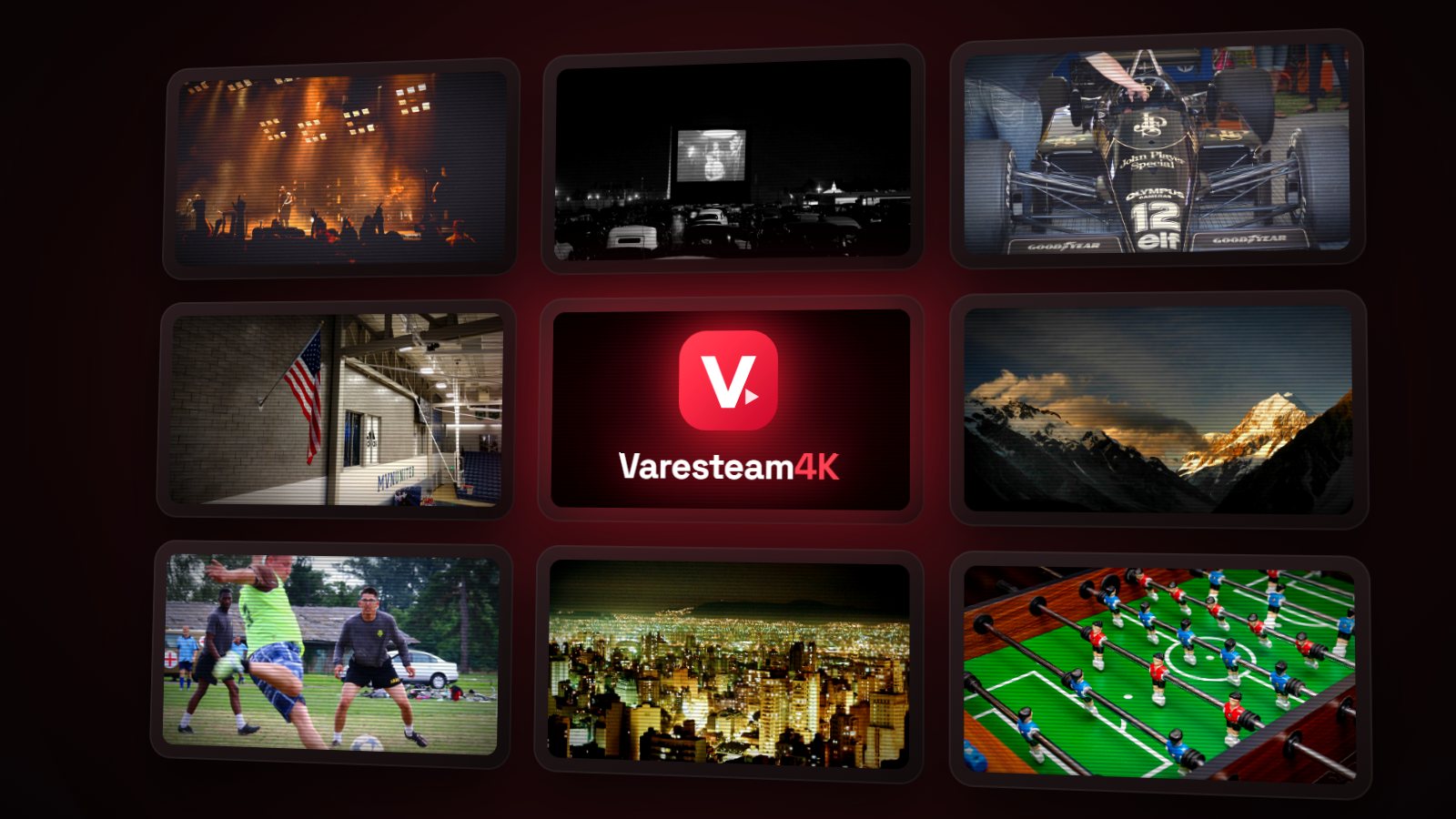 Varesteam4K IPTV on a wall of TVs showing live sport, films, concerts and the Varesteam4K logo